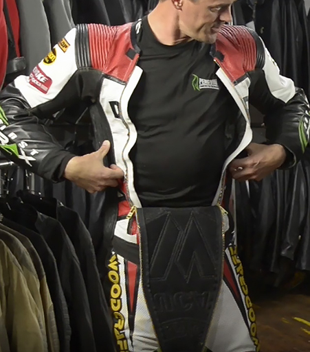 Eric Wood shows how Vanson's is designed to allow maximum airflo for cooling with their Air-Pro air bag racing suit