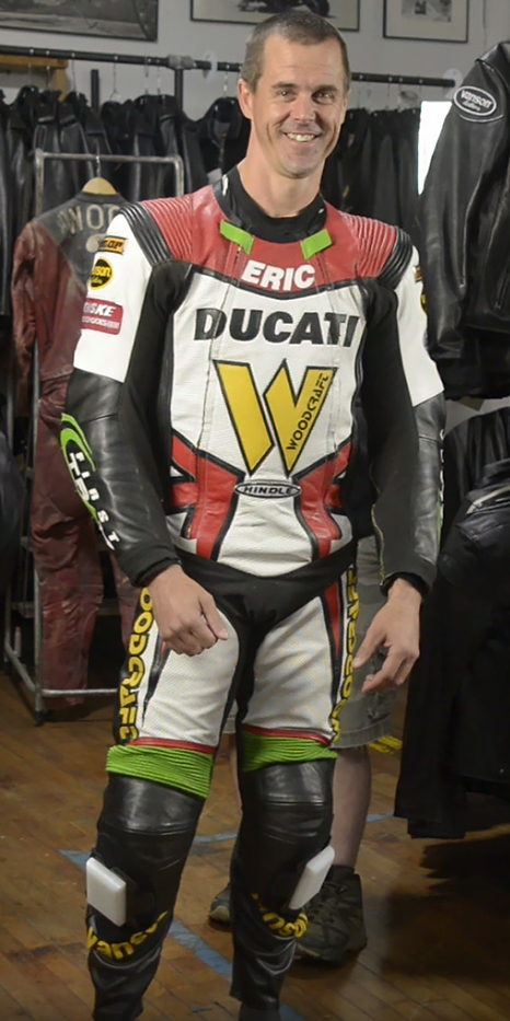 Eric Wood with his new Vanson custom Air-Pro air bag racing suit built for the Ducati sponsored Penquin Racing School