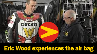 Eric Wood prepares to experience what the Air=Pro air bag suit feels like when the trigger is activated by Matt Silva of Vanson Leathers