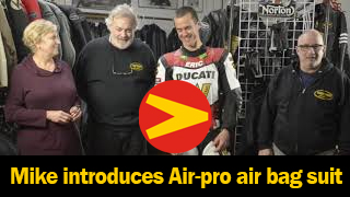 Mike Van der Sleesen introduces Vanson's new Air-pro air bag suit. to his left is Eric Wood and his new Woodcraft Air-Pro suit.